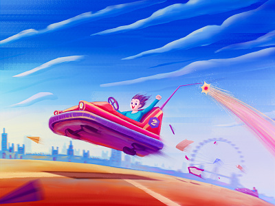 Bumper cars! amusement park book children clouds ferris whee illustration spark