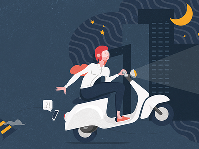 Vittude · Illustration 4 city flat illustration iphone moon night redhead scooter illustration ui ux vector web design woman