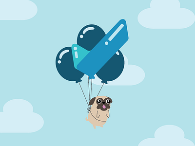 Prints the Pug balloon blue dog illustration pug sky