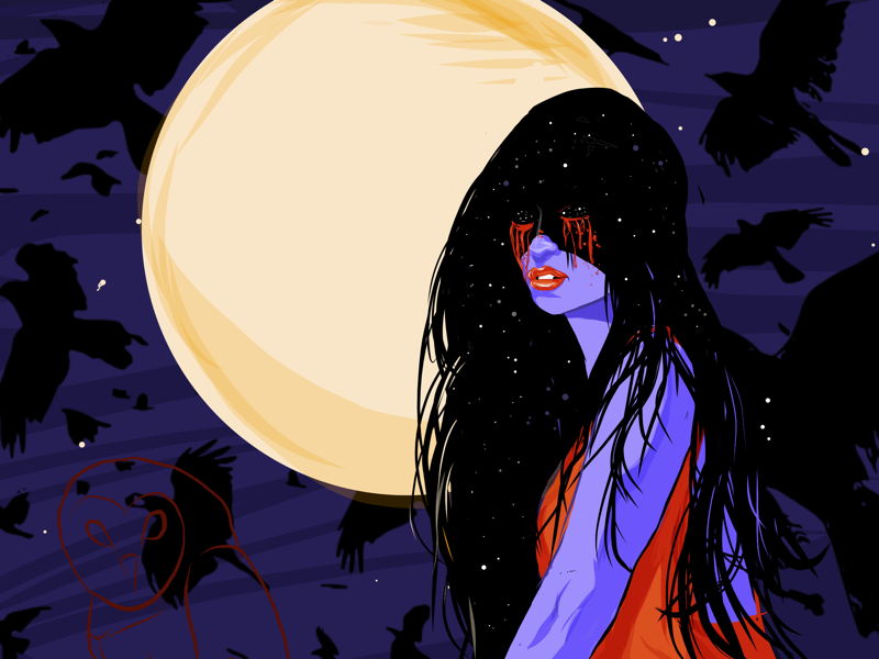 Bellatrix bellatrix stars moon ravens spooky girl spooky goth gothic vector illustration digital painting vector art digital art illustration