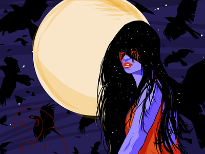 Bellatrix bellatrix digital art digital painting goth gothic illustration moon ravens spooky spooky girl stars vector art vector illustration