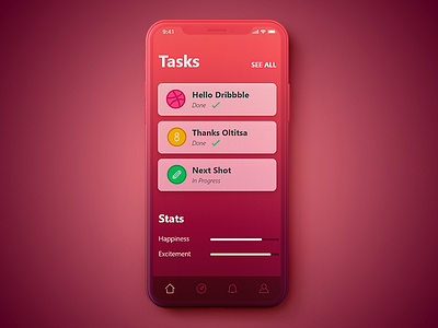 First Shot gradient iphonex mockup stats tasks ui