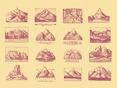 Mountains set. Badges for camping, hiking, traveling american badge design engraved hand drawn illustration logo print vector vintage