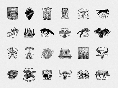 Camping badges big set. Travel, Wilderness, Camp. american badge camp campfire camping design engraved engraving hand drawn illustration indian mountains outdoor tent travel vector vintage wild wilderness wolf
