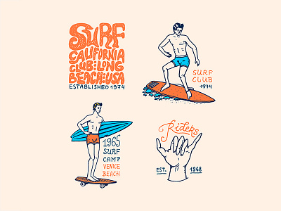 Surfing badges badge branding california hand drawn logo surf vintage