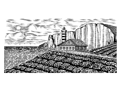 Vineyard landscape with villa and Lighthouse by the sea. Etretat black and white engraved engraving etretat hand drawn illustration label lighthouse mountains villa vineyard vineyards vintage wine wine label winery