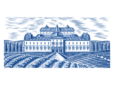 Castle and vineyard for wine label. engraved illustration