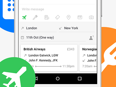 Flights app booking cards chat flight keyboard messages