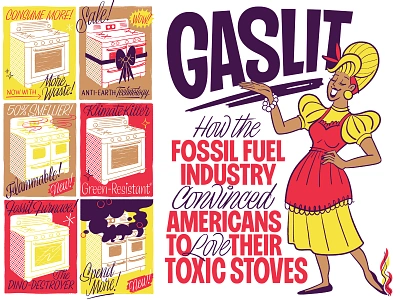 Gaslit — MotherJones custom type editorial environment gas housewife illustration lettering letters mid century midcentury retro sans script stove typography vintage