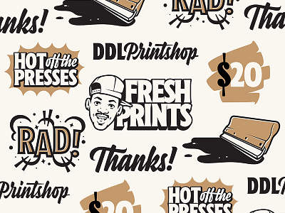 DDL Printshop Stickers branding brush identity illustration lettering script show card squeegee typography