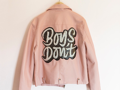 Boys Don't brush script diy embroidery leather jacket lettering lgbt patch pink queer sequin sewing shadow