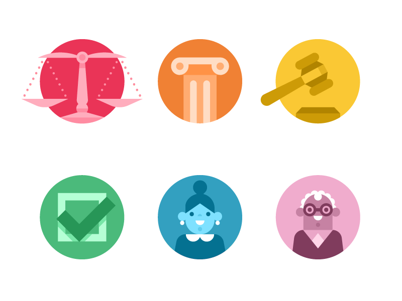 Li'l Law Spots. spot illustration gavel column scales judge icons justice law