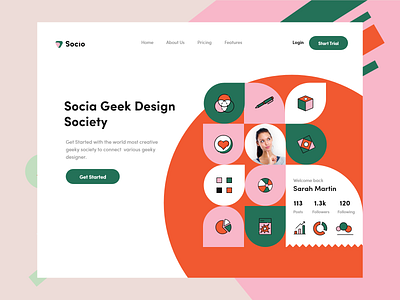 Socio Landing Page branding dashboad design green illustraion landing landing design landing page landing page design layers logo orange shapes ui uxui vector web apps web design website website design