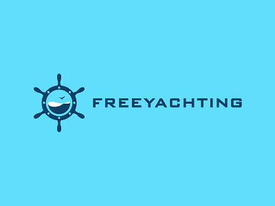 Freeyachting blue free gull helm logo mark minimal porthole sea ship sport steering wheel water window yachting