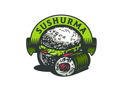 SuShurma burger engrave fastfood fish food green illustration logo restaurant ribbon rice russia streetfood sushi tomato vector