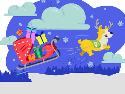 New Year Postcard animal branding cloud corgi deer dog fly forest illustration new year postcard present russia sleigh snow vector