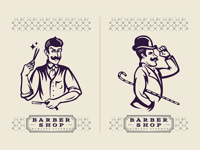 Barber shop. Characters barber barbershop characters engrave gent gentleman hairdresser hat logo man moustache pattern people razor retro scissors vintage
