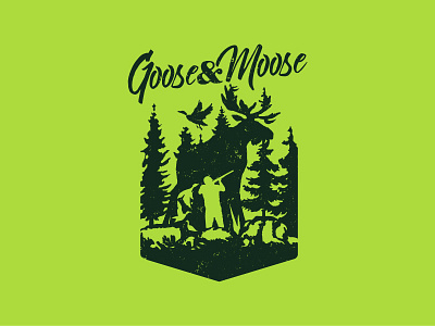 Goose & Moose craft engrave forest goose gun human hunter illustraion logo man moose negativespace noise patch shield stone trees