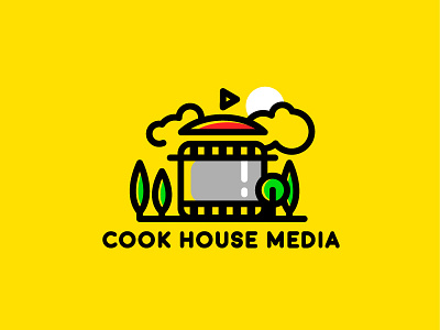 Cook House Media button cloud cook design house icon illustration landscape logo mark minimal pan play pot smoke tape tree video