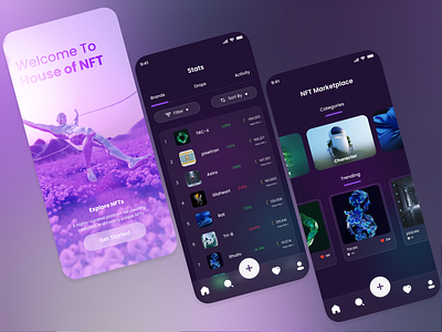 House of NFT app Design 3d app app design bitcoin creative crypto cryptocurrency etherium glass ui glassmorphism mesh gradient mobile app nft nft app ui ui design