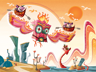 End bird canoes cat dragon illustration magic phoenix statue sun tribe vector