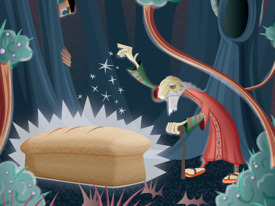 A Loaf V3s - FINAL bread fairy tales flying ship forest illustration loaf old man vector