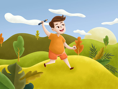 The son of the sun 2d 3d character colorful design illustration kid lanscape morning mountain sunshine texture tree