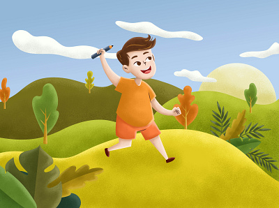 The son of the sun 2d 3d character colorful design illustration kid lanscape morning mountain sunshine texture tree