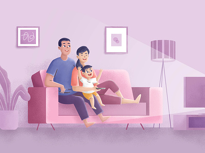 Family time 2d 3d character child colorful design family father illustration interior living room mother son texture tv watching