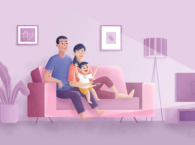 Family time 2d 3d character child colorful design family father illustration interior living room mother son texture tv watching