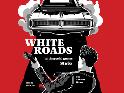 White Roads Poster Matthew Kehoe adobe illustrator band poster car design drawing gig poster graphicdesign guitar illustration muscle car music poster poster art poster design rock and roll typogaphy vector vector drawing