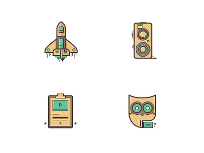 Tutorial icons camera get started icons illustrations knowledge owl plane rocket tutorial