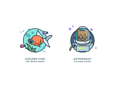 Another kind of icons 4 astronaut character charm fish golden icons illustration space water