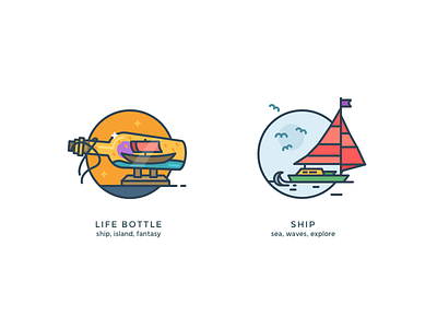 Another kind of icons 5 bottle explore icons illustrations life sea ship wave