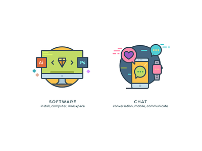 Another kind of icons 6 apple chat icons illustrations imac pc smartwatch software worskpace