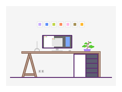 004. Workspace bonsai desk desktop display furniture illustration macbook modern office workspace