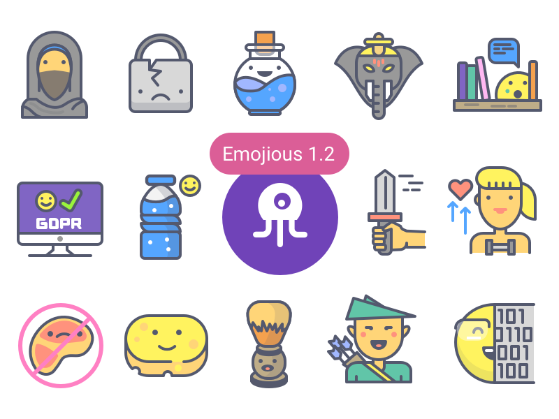 Emojious 1.2 Update + Discount character health fitness security fantasy consistency colour premium illustration icons