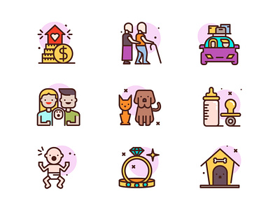 Family Icons baby car cat dog husband old man pet rings travel wedding wife