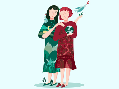 sustainable friendship character design ecology girl illustration mural pastel portfolio portrait sustainability vector vector art vector illustration