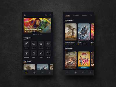 Movie Streaming App amazon app dark mode dark theme dark ui design figma figma design list list view listing livestream movie app movie poster movies netflix spotify tabs ui ux