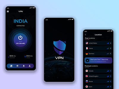 VPN App best branding design europe figma graphic design india logo mobile app mobile app design ui uiux uk us ux vpn vpn app wireframes xd