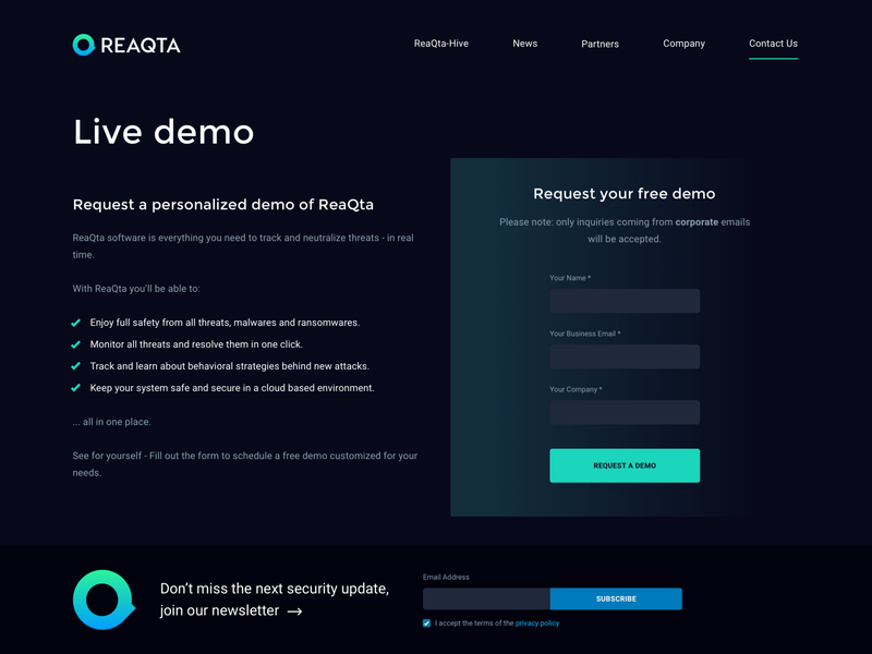 ReaQta Website - Demo cybersecurity demo saas website