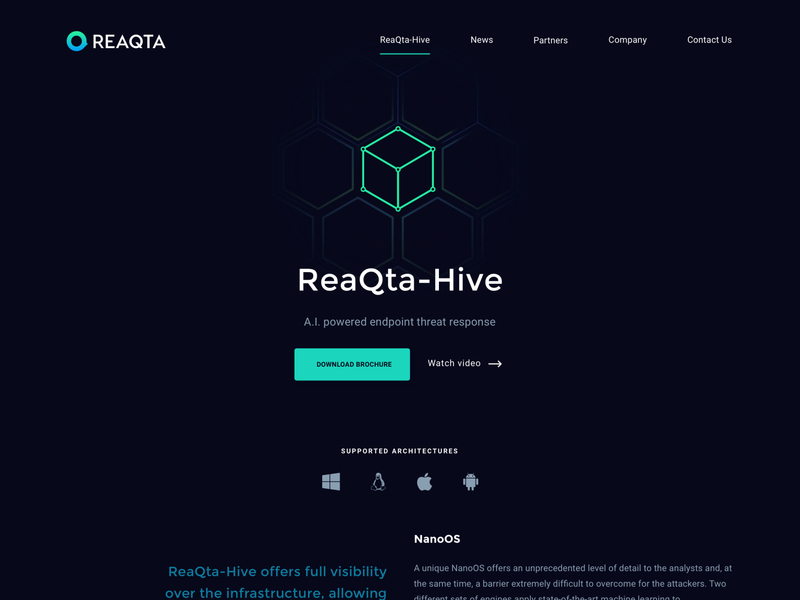 ReaQta Website - ReaQta-Hive cybersecurity saas website