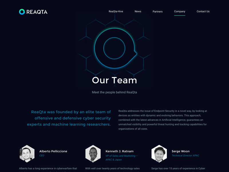 ReaQta Website - Company cybersecurity saas website