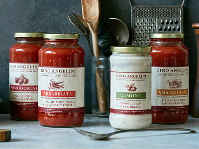 Gino Angelini Pasta Sauce Packaging | Courtney Spencer Design branding indesign italian jar logo package packaging pasta typogaphy