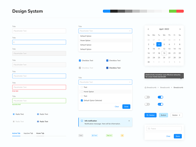 Design System - Inputs, selects & information blocks app design blue breadcrumb calendar checkbox clean date picker design system dropdown folder forms radio button search switches tags tooltip web app