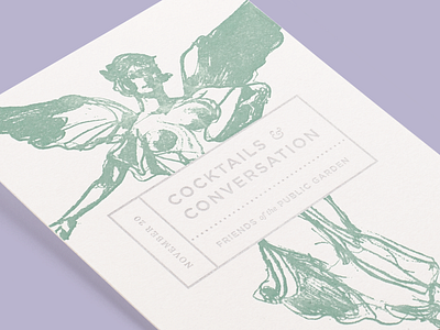 Cocktails & Conversation Invitation angel boston cocktails fountain garden illustration invitation letterpress statue