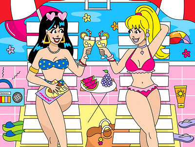 Betty & Veronica - Summer Vacation 2000s archie art betty and veronica bright color cartoon character comic flat illustration girls graphic design illustration retro simple summer tropical vacation women y2k