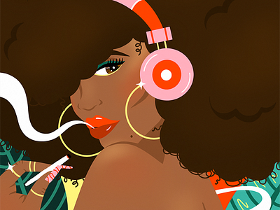 Jammin' art black art black woman bright color character cool flat illustration graphic design illustration music smoking tropical weed woman women