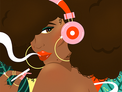 Jammin' art black art black woman bright color character cool flat illustration graphic design illustration music smoking tropical weed woman women
